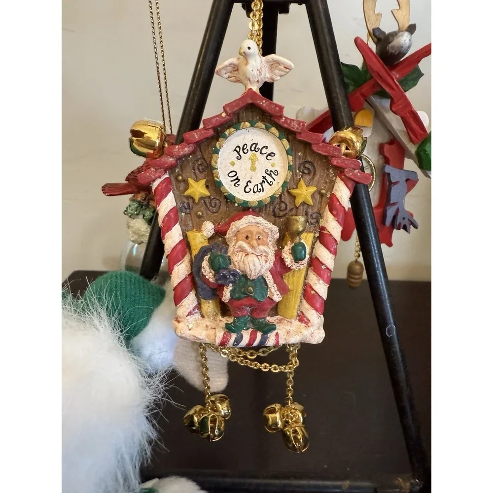 Lot of 5 Christmas Ornaments VTG Red Green Santa & Snowman Plush Music Box Clock